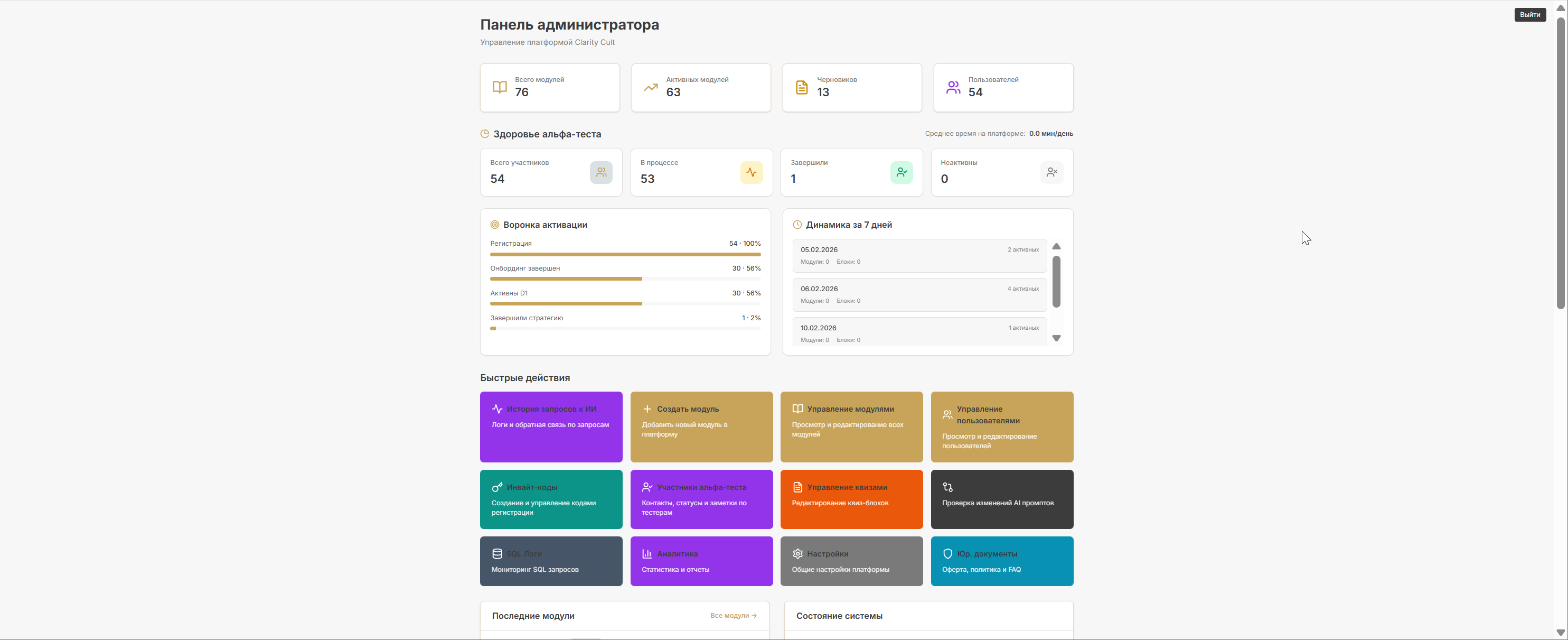 Administrative panel with course management tools and analytics.